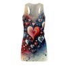 LuckeLadybug racerback dress featuring vibrant abstract hearts print dress in red blue and cream colors