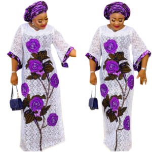 Affordable floral plus size dresses in white lace with purple rose patterns and matching headwraps