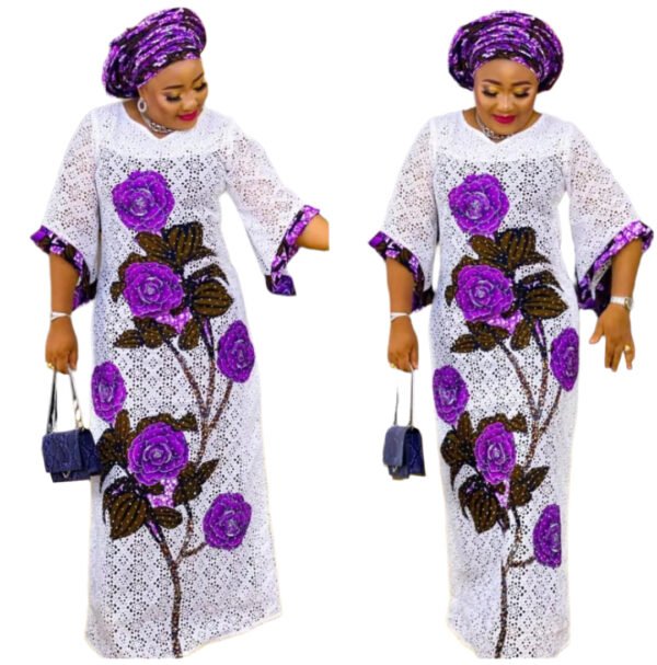 Affordable floral plus size dresses in white lace with purple rose patterns and matching headwraps