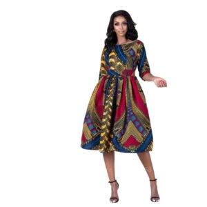 LuckeLadybug fit and flare African print dress for women midi length with belt and three quarter sleeves