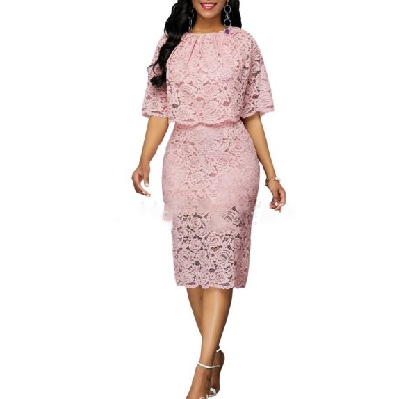 Pink African lace dress plus size with floral patterns and layered top design