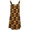 African print beach skirt dress with black and orange geometric patterns and sleeveless straps