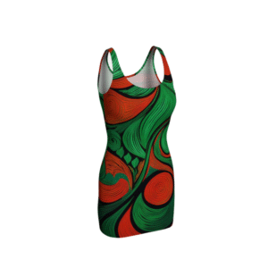 Printful vibrant African print bodycon dress with green and orange swirling patterns