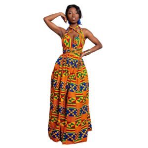 LuckeLadybug African print maxi dress with vibrant geometric patterns and halter neckline