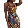 African style racerback dress with colorful abstract patterns worn by woman