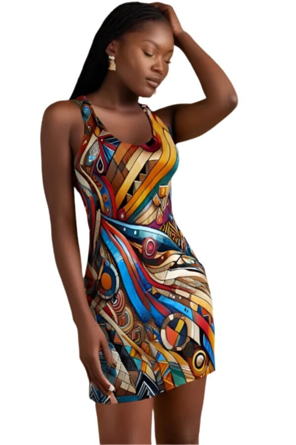 African style racerback dress with colorful abstract patterns worn by woman