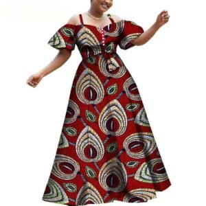 LuckeLadybug fit and flare dress in red African wax print with off shoulder puff sleeves African national slip dress for women