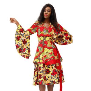 African batik dress knee length wrap style with vibrant red yellow floral and geometric print bell sleeves