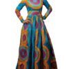 LuckeLadybug fit and flare African print maxi dress with long sleeves, fitted waist, and full circle print skirt
