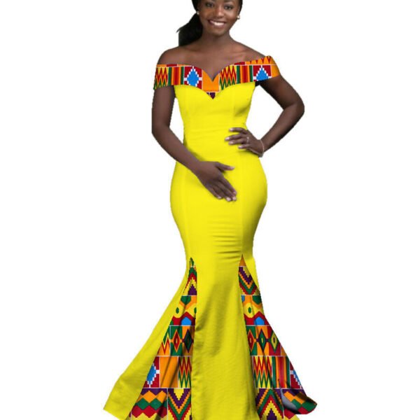 LuckeLadybug fit and flare yellow off shoulder gown with African wax print dress accents at neckline and mermaid skirt