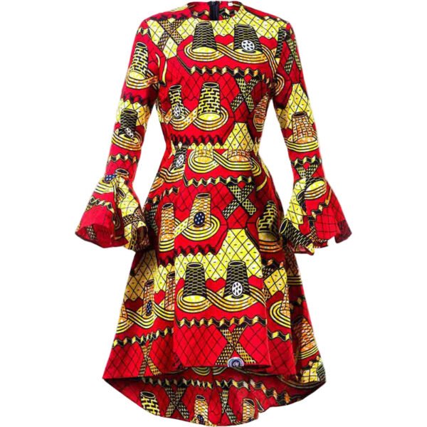 colorful African flare sleeve dress red and yellow wax print with fitted waist bell sleeves and high low hem