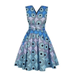 African lace up v neck mini dress LuckeLadybug fit and flare blue peacock circle print sleeveless with waist sash