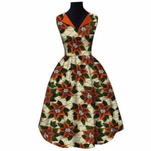 LuckeLadybug fit and flare sleeveless V neck dress with orange and green floral print African cotton batik dress