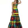 LuckeLadybug fit and flare African print long skirt dress with colorful circular wax print and spaghetti straps