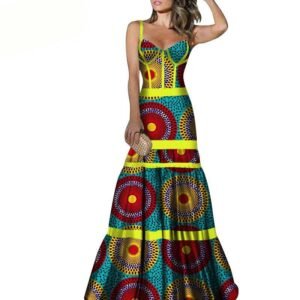 LuckeLadybug fit and flare African print long skirt dress with colorful circular wax print and spaghetti straps