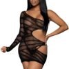LuckeLadybug LLC cutout black mini dress bodystocking one sleeve sheer striped mesh with side waist cutout