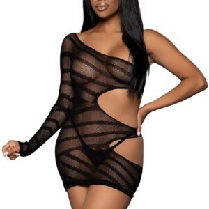 LuckeLadybug LLC cutout black mini dress bodystocking one sleeve sheer striped mesh with side waist cutout
