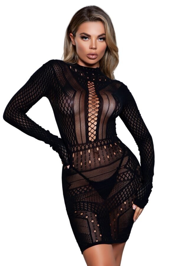 LuckeLadybug LLC sheer fishnet bodystocking with lattice front long sleeves and bodycon fit sexy black mini dress