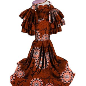 LuckeLadybug fit and flare African print fishtail dress with layered ruffle sleeves and orange geometric floral design