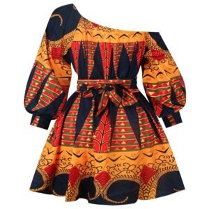 African style one shoulder dress LuckeLadybug short Ankara print dress with puff sleeve belted waist