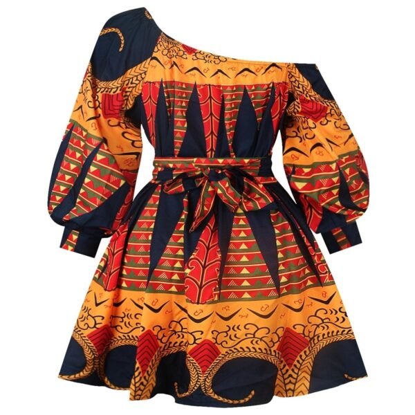 African style one shoulder dress LuckeLadybug short Ankara print dress with puff sleeve belted waist