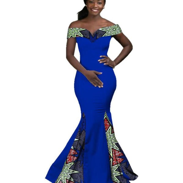LuckeLadybug fit and flare blue off shoulder gown with Ankara print panels African women Ankara dress