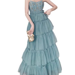 LuckeLadybug teal tiered tulle A Line gown with beaded star corset bodice and clutch celebrity birthday party dress
