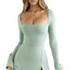 Slim Fit Wrap Dress Square Neck Long Sleeve 3 Slim Fit Wrap Dress Square Neck Long Sleeve LuckeLadybug model wearing sage green slim fit wrap dress with square neckline long sleeves side slit and tie cuffs