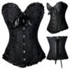 Black brocade lace up satin ribbon strapless corset for formal occasions with sweetheart neckline and steel boning