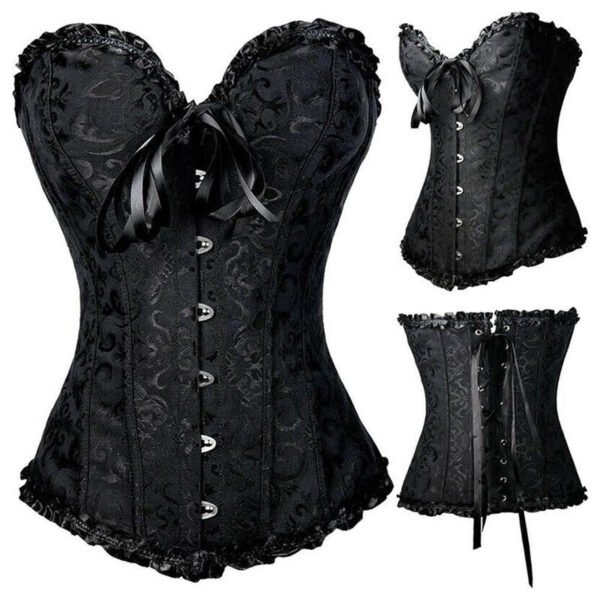 Black brocade lace up satin ribbon strapless corset for formal occasions with sweetheart neckline and steel boning