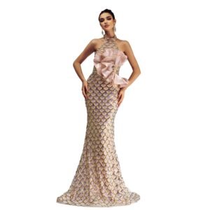 LuckeLadybug halter sequined mermaid dress with scale pattern pale pink bow waist and fitted flared skirt