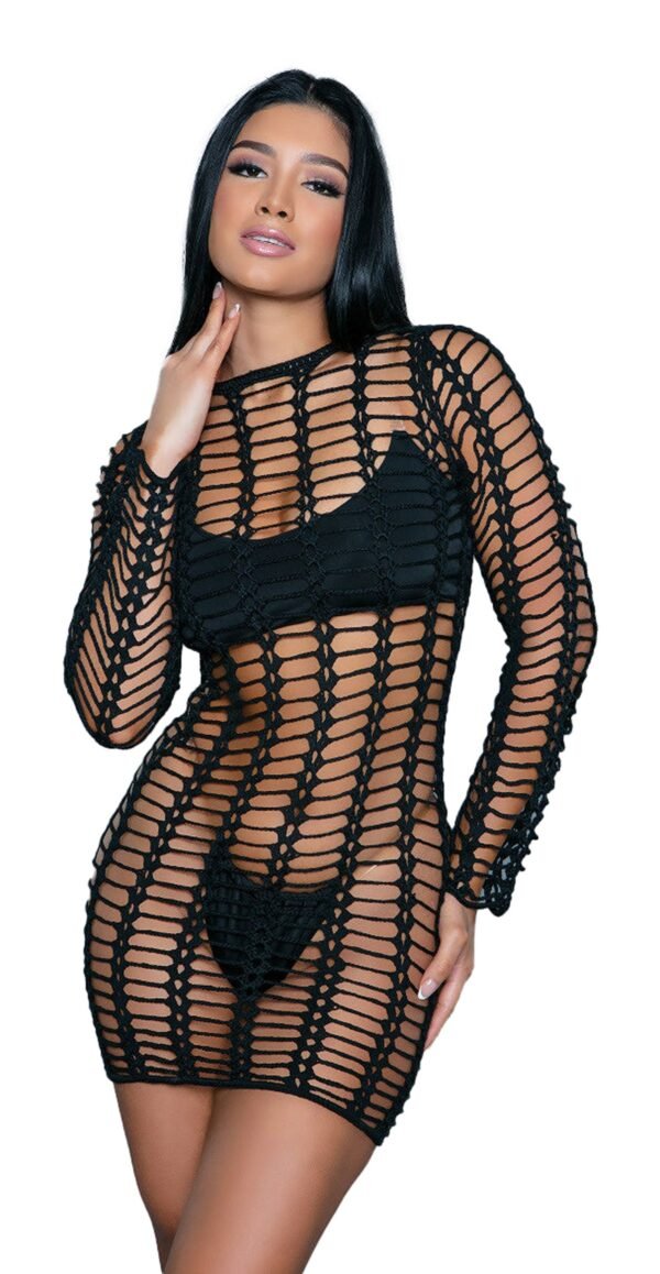 LuckeLadybug LLC black mesh cover up dress sheer long sleeve swimwear coverup for beach and poolside