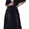 LuckeLadybug LLC model wearing black sheer maxi cover-up dress with polka dot texture and waist tie