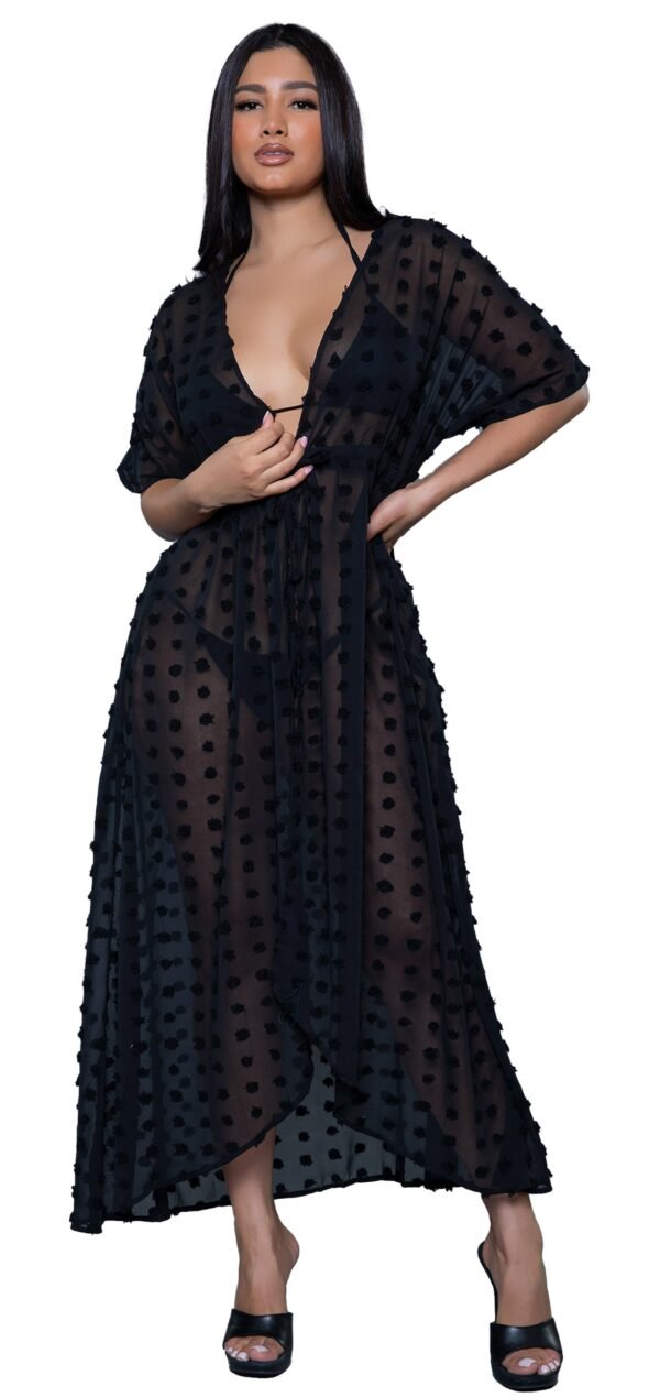 LuckeLadybug LLC model wearing black sheer maxi cover-up dress with polka dot texture and waist tie