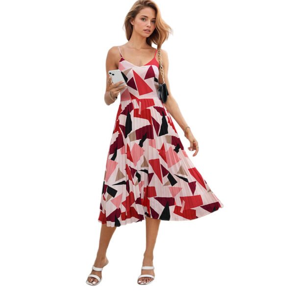 LuckeLadybug A-line summer midi dress pink red geometric print pleated skirt with spaghetti straps