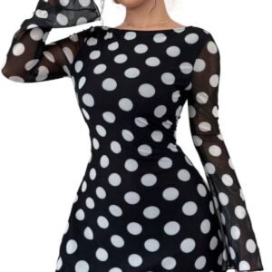 Model in black and white polka dot backless mesh flare sleeve dress sheer bell sleeves and fitted mini silhouette