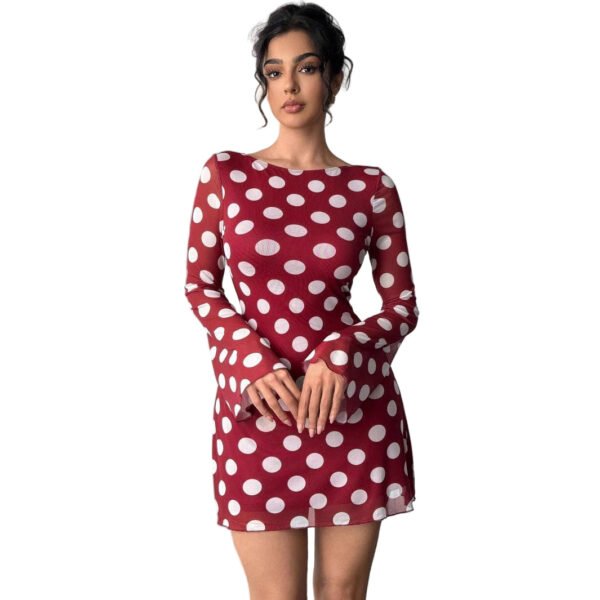 LuckeLadybug backless mesh flare sleeve dress burgundy with white polka dots mini length long flare sleeves