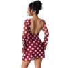 LuckeLadybug red polka dot backless mesh flare sleeve dress with deep scoop back and short A line skirt on model