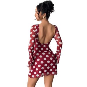 LuckeLadybug red polka dot backless mesh flare sleeve dress with deep scoop back and short A line skirt on model