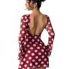 LuckeLadybug maroon polka dot backless mesh flare sleeve dress with sheer long sleeves and scoop back