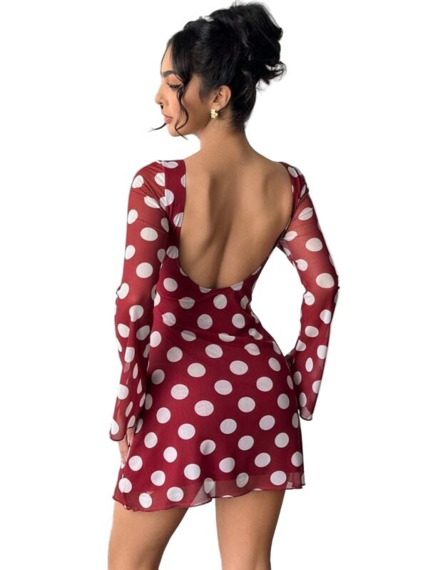 LuckeLadybug maroon polka dot backless mesh flare sleeve dress with sheer long sleeves and scoop back