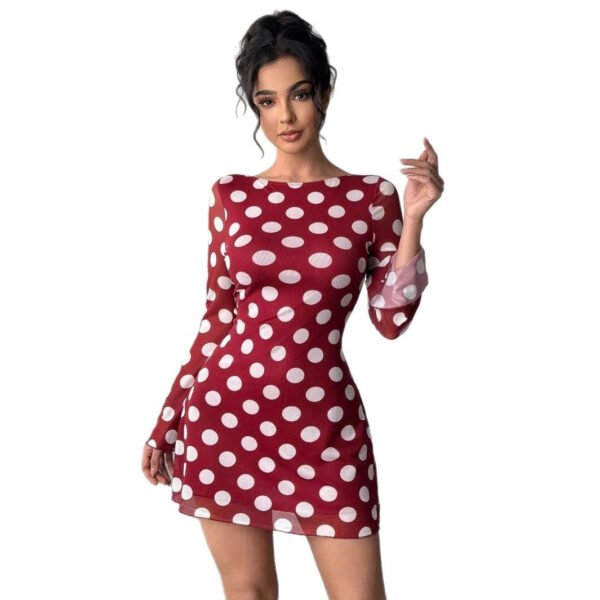 Front view of LuckeLadybug backless mesh flare sleeve dress red with white polka dots fitted mini