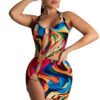 Colorful swirl halter bodycon backless mini dress for women with cutouts ring details and high slit