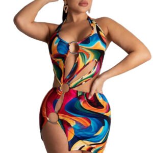 Colorful swirl halter bodycon backless mini dress for women with cutouts ring details and high slit