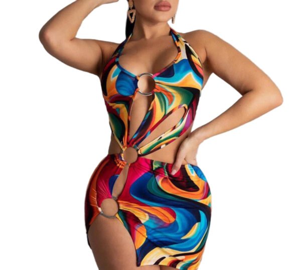 Colorful swirl halter bodycon backless mini dress for women with cutouts ring details and high slit