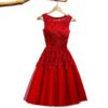 LuckeLadybug red sleeveless A line dress with floral applique bodice and tulle skirt banquet engagement party dress