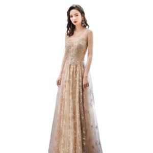 LuckeLadybug A Line gold embroidered gown with tulle skirt and spaghetti straps birthday party dress for women