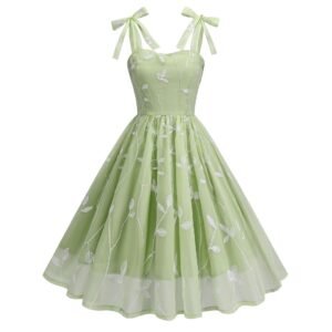 Light green vintage fit and flare embroidered cocktail dress with white floral embroidery and bow shoulder straps