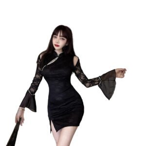 LuckeLadybug black lace bodycon dress with mandarin collar cold shoulders and flare sleeve cocktail dress