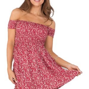 LuckeLadybug red smocked floral off shoulder dress worn by woman with hat sunglasses
